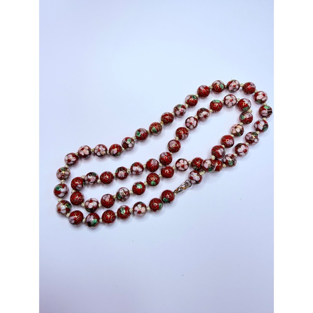 Vintage Red Cloisonné Floral Bead Necklace – Hand Knotted Enamel Beads